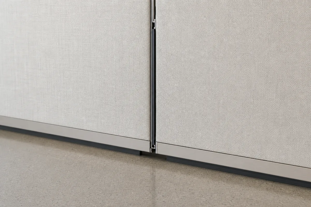 Close-up of an operable wall sealing system with acoustic perimeter seals and top track