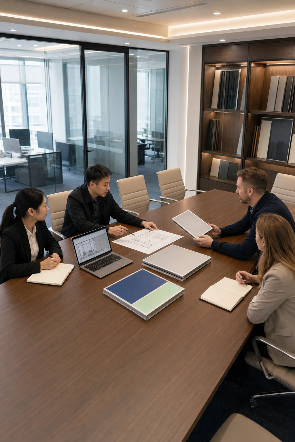EBUNGE sales team discussing movable partition project plans for overseas commercial projects
