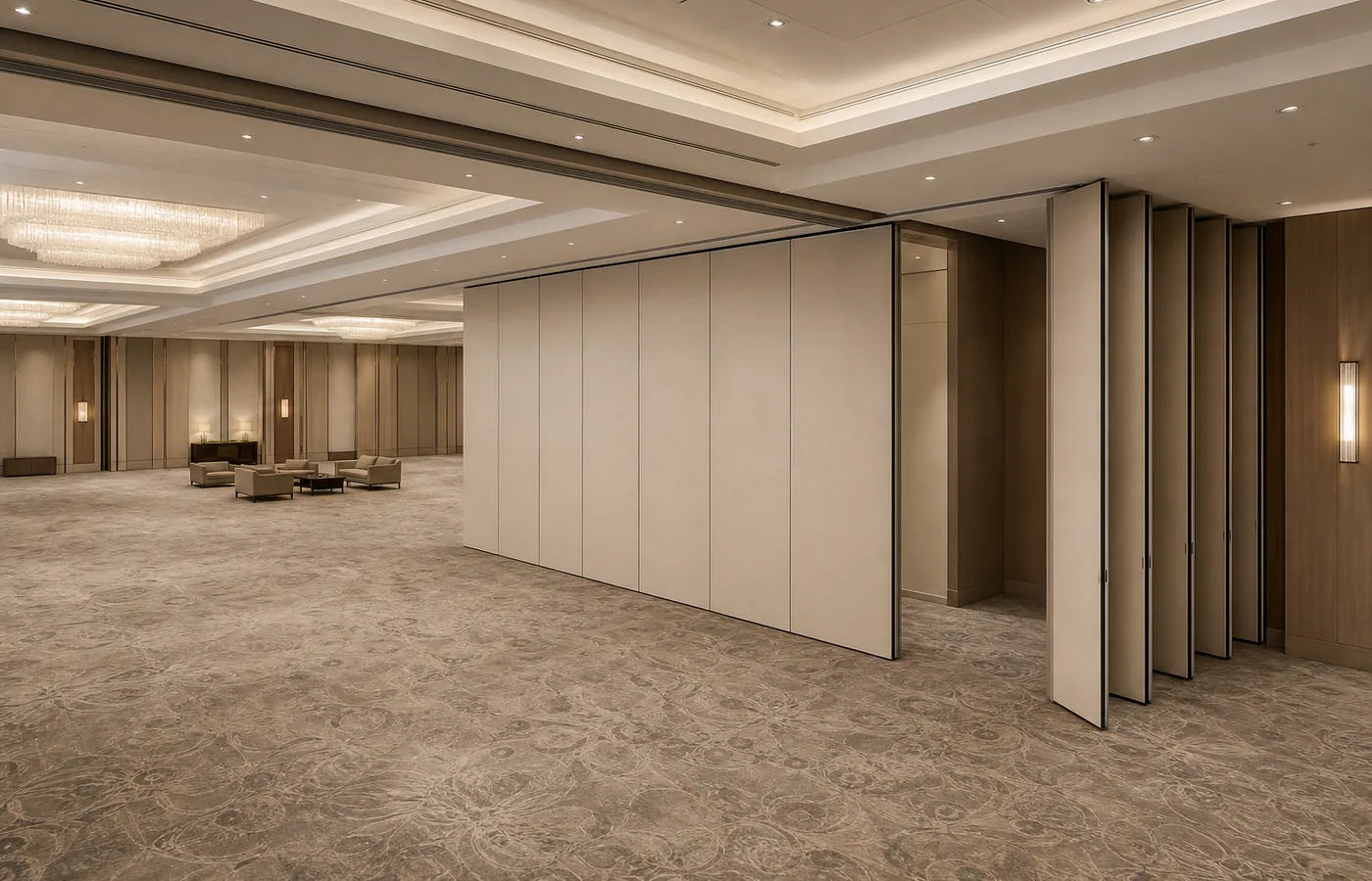 Hotel ballroom movable partition layout planning and stacking position