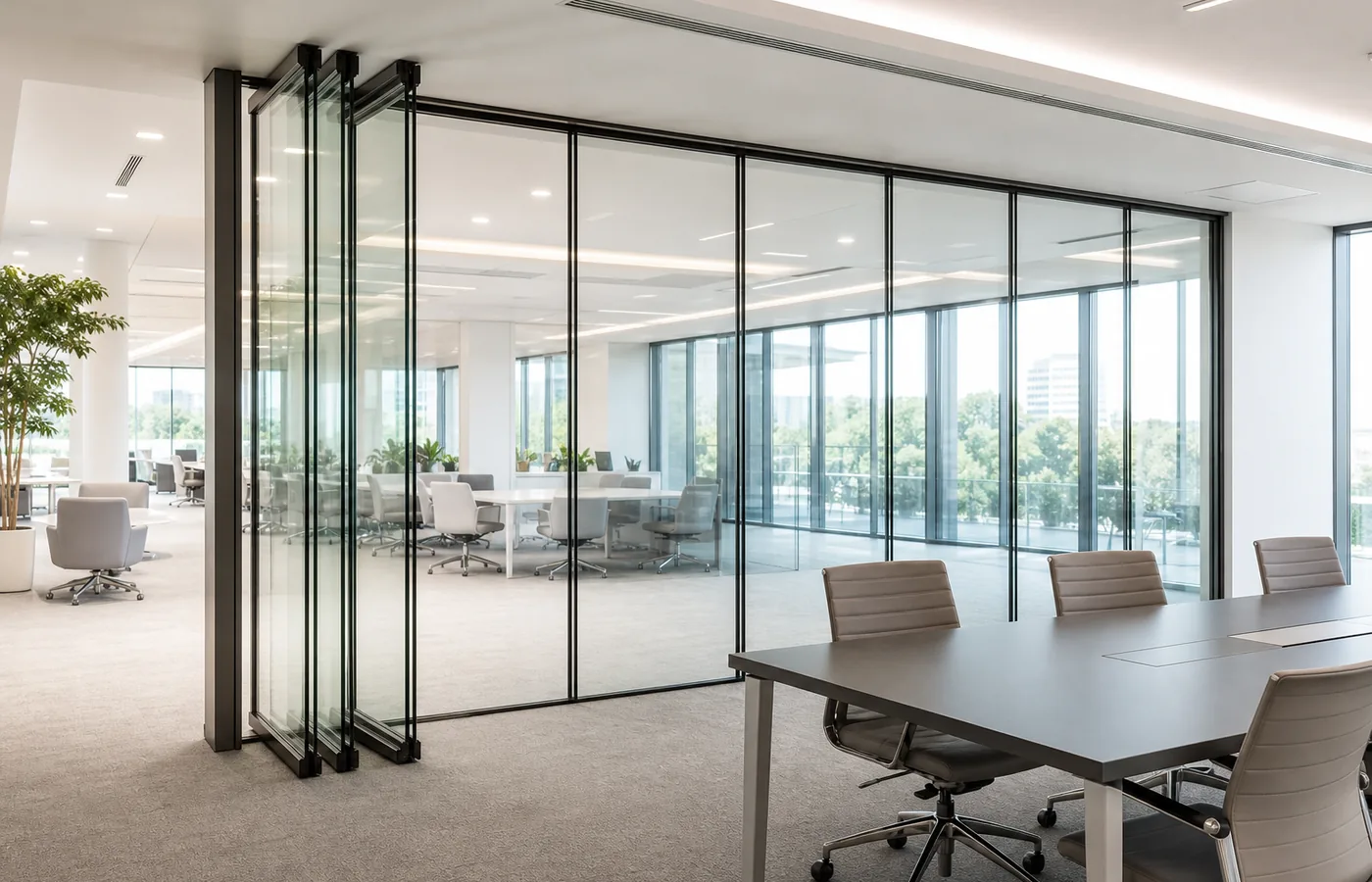 Movable glass partition wall for office meeting rooms