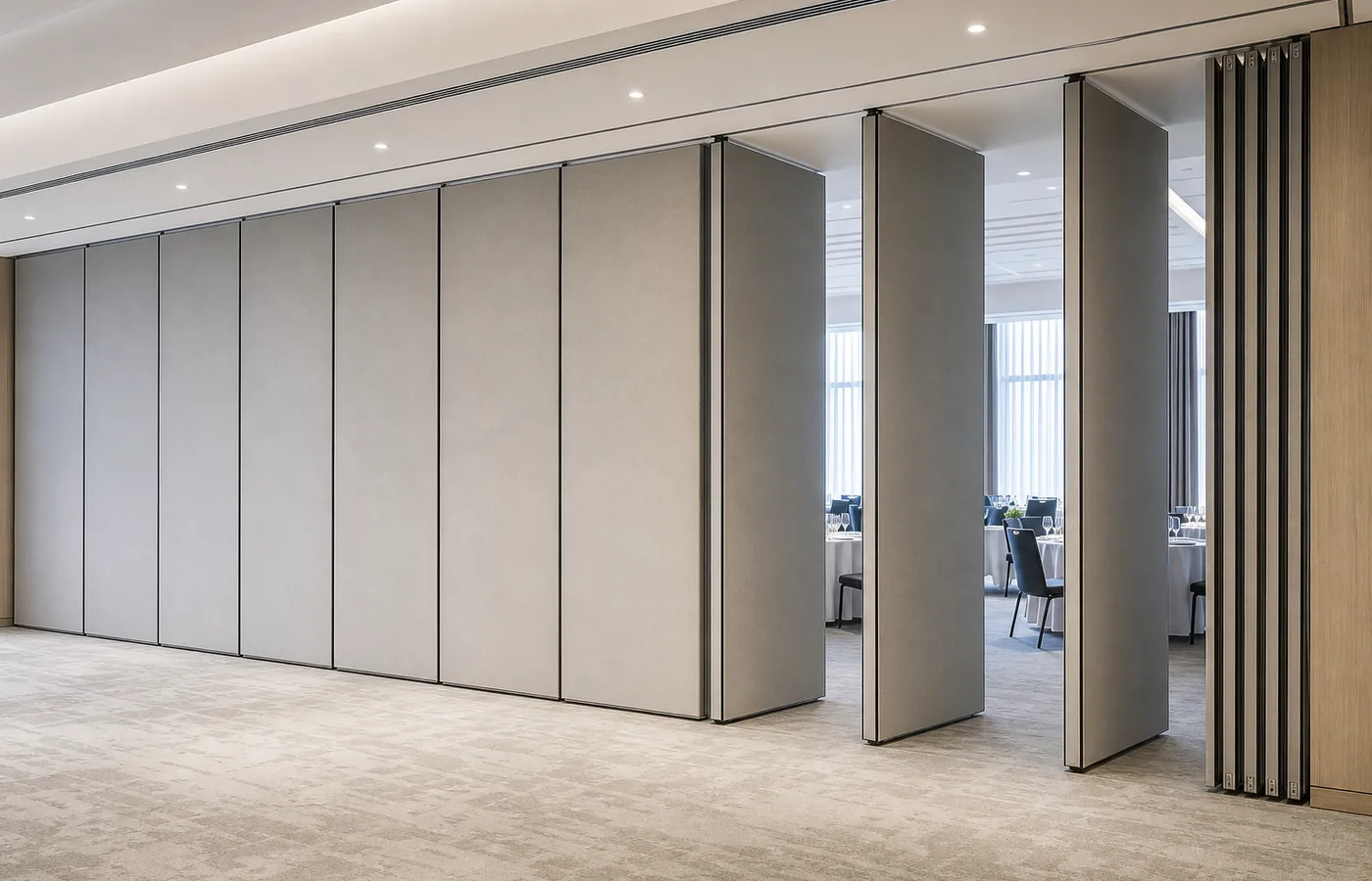 Movable partition wall open and closed layout for flexible spaces