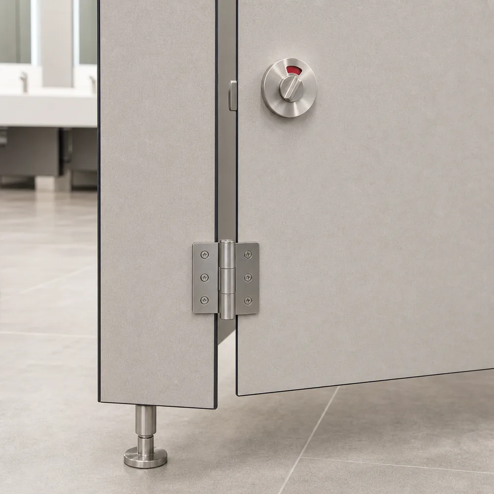 Toilet partition hardware detail for commercial cubicles