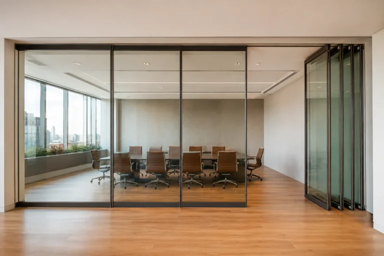 Framed movable glass wall with concealed carriers and compact side parking