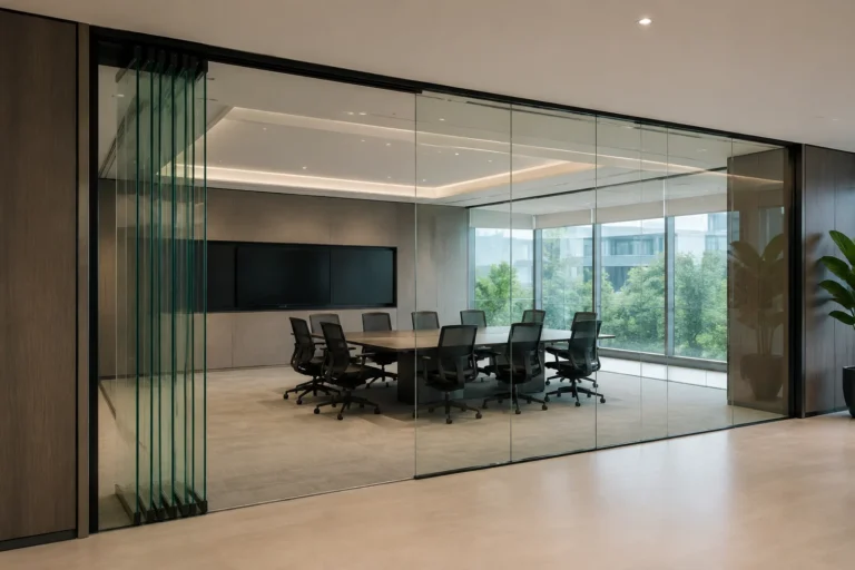 Frameless movable glass partition with concealed top track and side parking